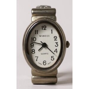 Wincci Quartz Watch Silver Tone Black Faux Leather Cuff Bracelet Japan‎ Movt